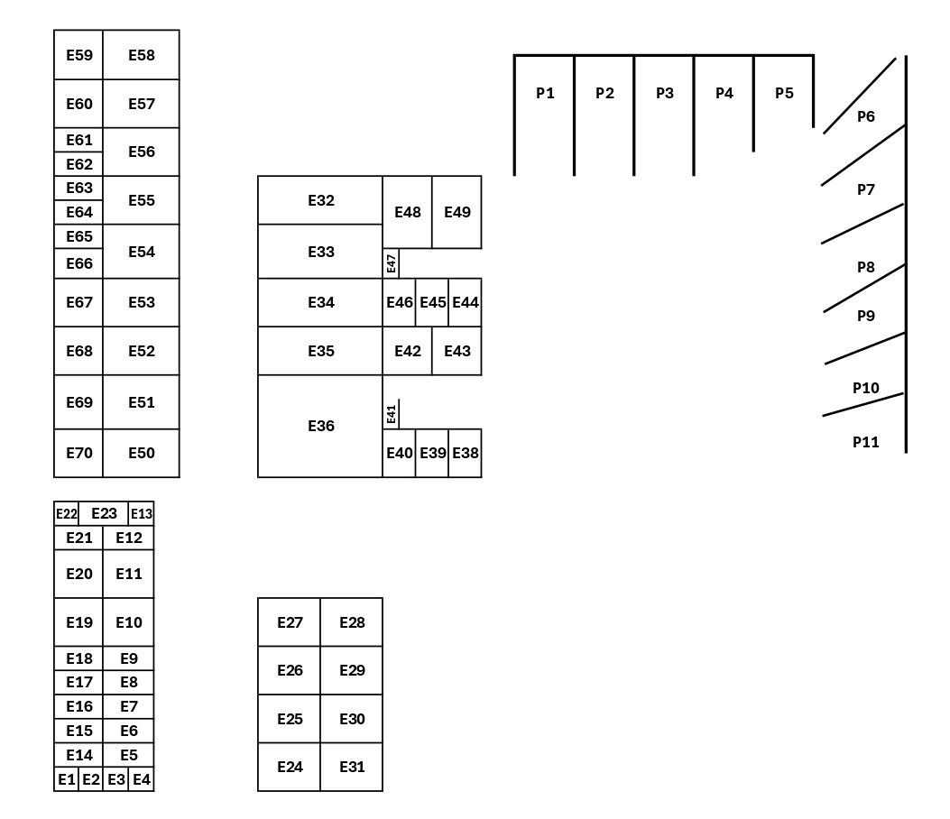 Belfair Mini Storage unit map showing storage units E1 through E70 and parking spaces P1 through P11. P10 and P11 are unavailable.